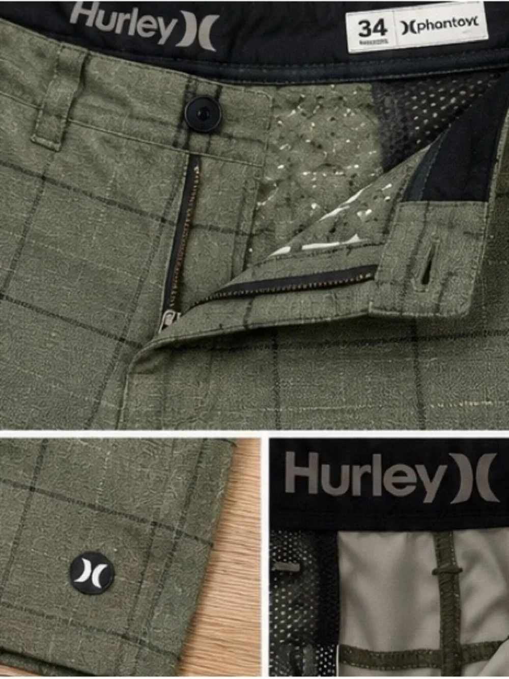 Hurley Phantom Board Shorts Olive Windowpane Stretch Hybrid Shorts Men's Size 34